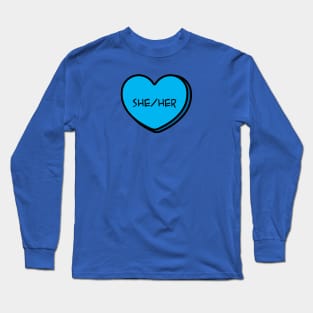 Pronoun She/Her Conversation Heart in Blue Long Sleeve T-Shirt